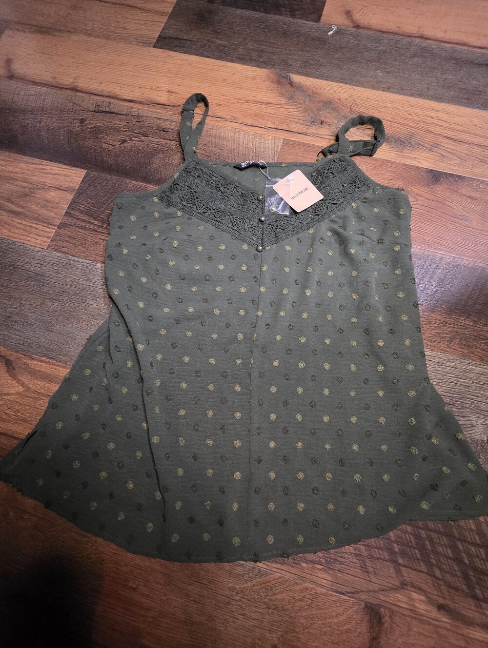 Bloomchic Olive Green Lace-Trim Dot Cami Tank Top